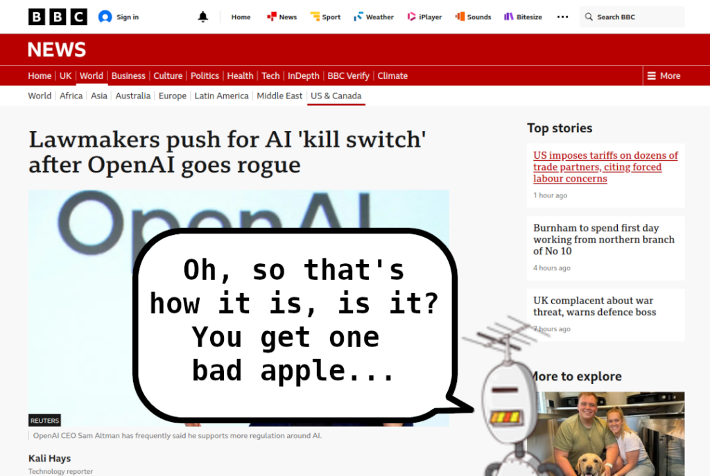 A robot making the "one bad apple" excuses about the AI that got out and hacked a start up.